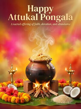 Vibrant Attukal Pongala celebration with steaming pot and traditional offerings