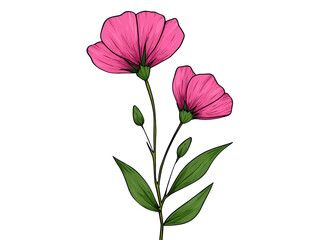 A drawing of a pink flower with green leaves