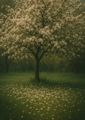 Fototapeta premium Serene blossoming tree landscape wallpaper.