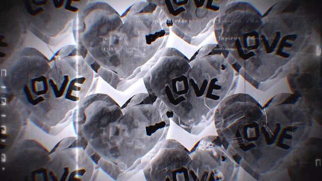 A looping background of stop motion style love grungy paper love hearts in a stylised negative film reel style.
