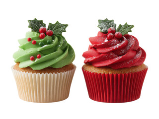 Two cupcakes with green frosting and red frosting on top