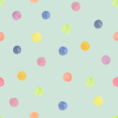 Watercolor Polka Dot Seamless Pattern on Light Green