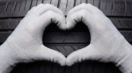 Hands in gray protective gloves forming a heart shape against a backdrop of a black rubber tire, emphasizing automotive care and maintenance