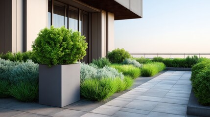 Fototapeta premium Contemporary Urban Terrace with Lush Greenery and Modern Planters Under a Clear Sky During Daylight Hours