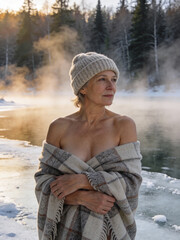 Frau an einem zugefrorenen See im Winter