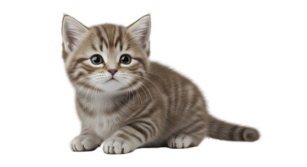 Obraz premium Cute tabby kitten with big eyes lying down, brown striped fur, small domestic cat, isolated on white