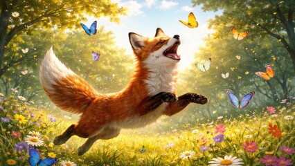Fototapeta premium Joyful fox amidst colorful butterflies