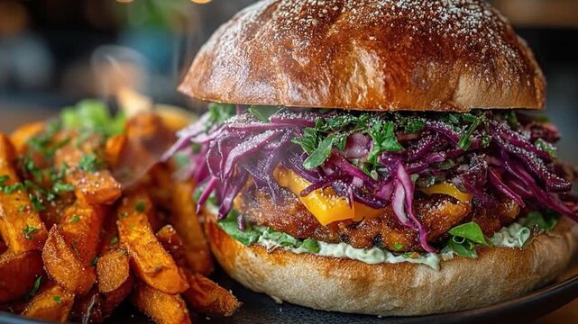  A mouthwatering, gourmet burger, complete with a sesame bun, fresh ingredients and sweet potato fries, perfect for a culinary adventure.