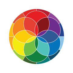 Obraz premium Abstract colorful geometric flower logo design with overlapping circles and color theory palette