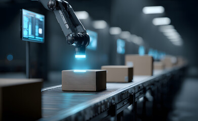 The robotic arm sorts courier packages