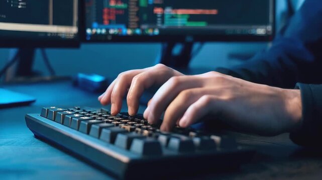 Typing Mechanical Keyboard Dimly Lit Workspace Surrounded by Computer Screens Displaying Code and Programming Interfaces, Conveying Focus, Concentration, and Productivity Technology Driven Environment