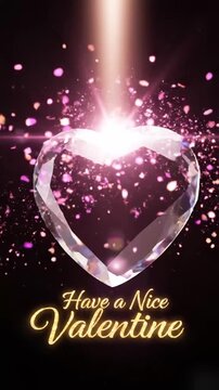 Single crystal heart suspended in space soft spotlight vertical beam prismatic reflections scattering pink gold fragments faint mist elegant magical valentine aesthetic