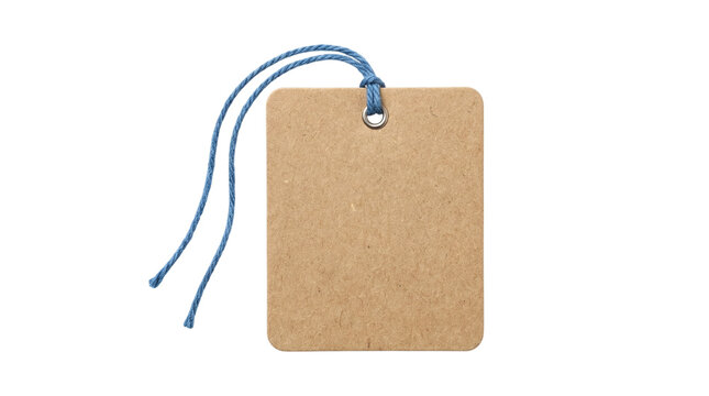 Blank kraft paper hang tag with metal eyelet and blue string, retail label isolated on transparent background