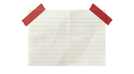 Blank ruled paper sheet secured with red tape, stationery mockup isolated on transparent background...