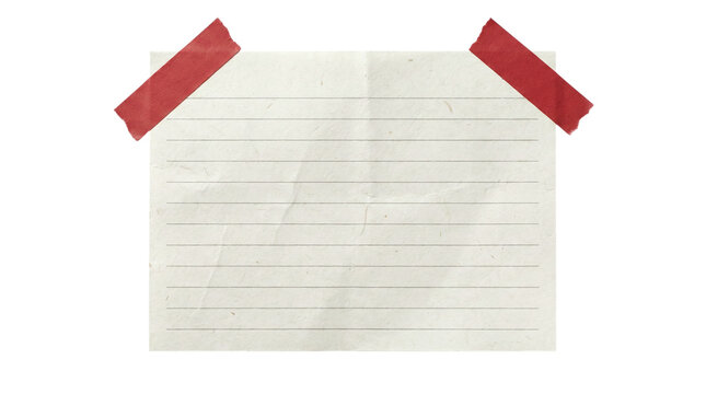 Blank ruled paper sheet secured with red tape, stationery mockup isolated on transparent background with copy space