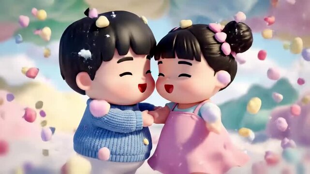 Super cute chibi couple twirling playfully under a soft cloudy sky that releases tiny candy colored heart sprinkles dreamy pastel slow motion