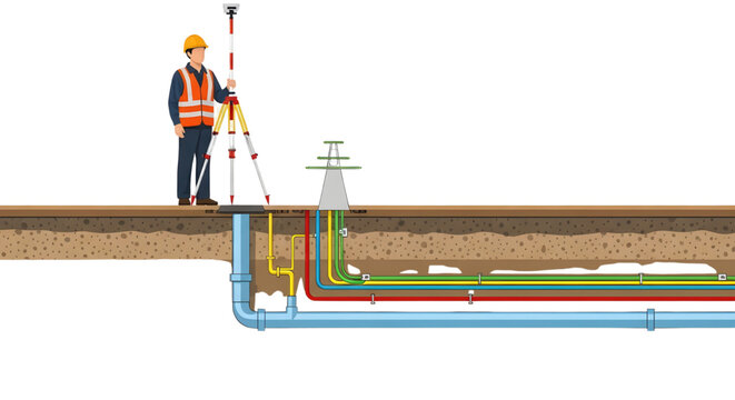 Underground utility mapping with surveyor and total station vector illustration,  vector illustration showing a land surveyor using a total station on a tripod to map underground utilities