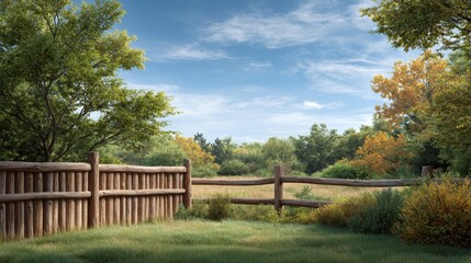 Fototapeta premium Serene Landscape with Wooden Fence Overlooking Green Fields and Trees Under a Clear Blue Sky in a Peaceful Rural Setting