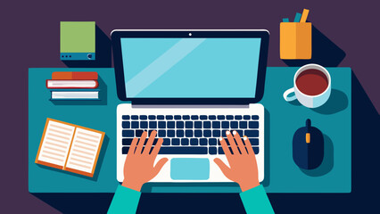 Person working on a laptop surrounded by office supplies and stationery items. isolated on white background, Vector