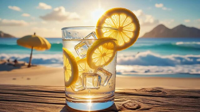 Cinematic video of lemonade with ice cubes on table by beach with sun flare and tropical background