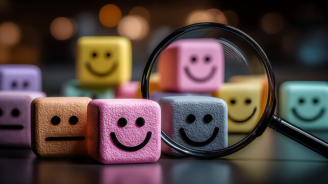 Customer Feedback Cubes with Smiley Faces Under Magnifying Glass - Concept for Service Quality and Satisfaction