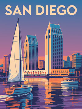 San Diego poster, large beige capital letters at the top minimal city typography design