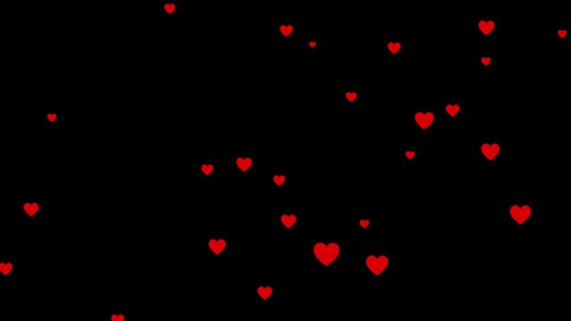 red heart particles explosion and flying animation on black background alpha channel.