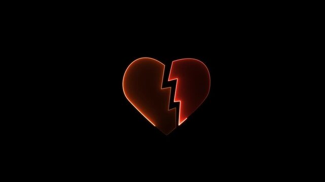 Glowing neon broken-heart icon isolated on black background. 4k Video motion graphic animation