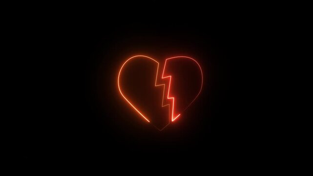 Glowing neon broken-heart icon isolated on black background. 4k Video motion graphic animation