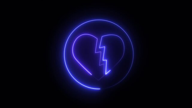 Glowing neon broken-heart icon isolated on black background. 4k Video motion graphic animation