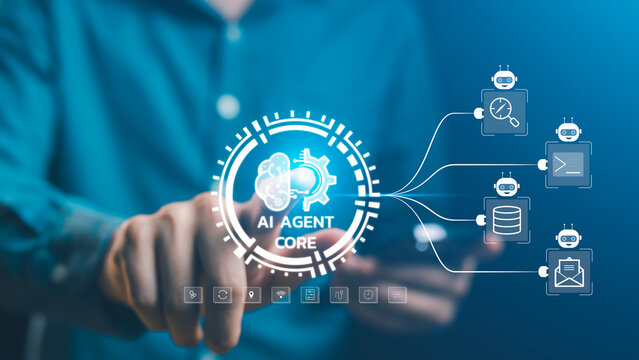 Human hand activating AI Agent Core interface connecting multi-agent systems. autonomous workflow orchestration, task decomposition, complex goal achievement enterprise SaaS development, IT security