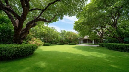 Fototapeta premium Lush Green Landscape in a Serene Garden with Large Trees and Expansive Lawn Under Clear Blue Sky