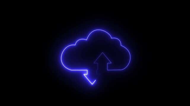 Neon digital cloud icon, data transfer animation. Glowing neon cloud storage with arrows, looped animation. Cloud space and technology, data backup, file repository, upload database icon isolated
