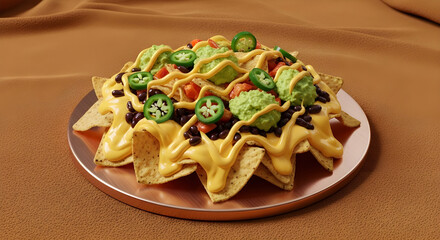 Delicious mexican nachos with fresh toppings on a white plate, close-up shot of crispy tortilla chips with cheese, salsa, guacamole, and broccoli
