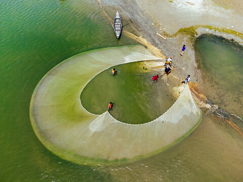 Aerial view of fishermen casting a large net in the river, creating a circular pattern against the backdrop of sandy shores and a moored boat, Bogura, Rajshahi Division, Bangladesh.