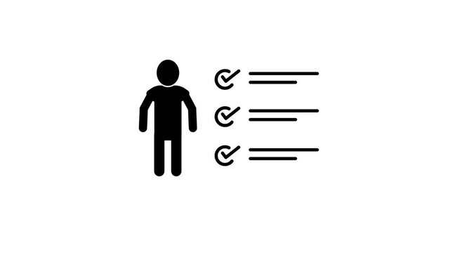 Minimal black and white user checklist icon representing profile verification. Completed tasks, requirements list, or account confirmation concept animation.