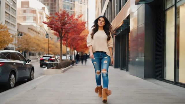 Young Hispanic woman with long dark hair walks on city sidewalk wearing fall outfit with suede fringe jacket and ripped jeans in street style editorial fashion.