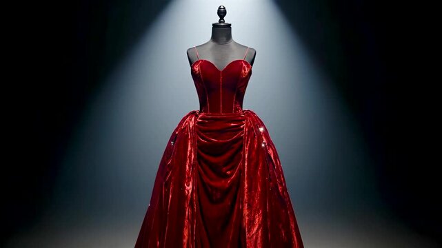 Fashion Sketch Transforming Into Luxury Red Silk Gown Draped on Mannequin Under Runway Spotlight From Studio Concept