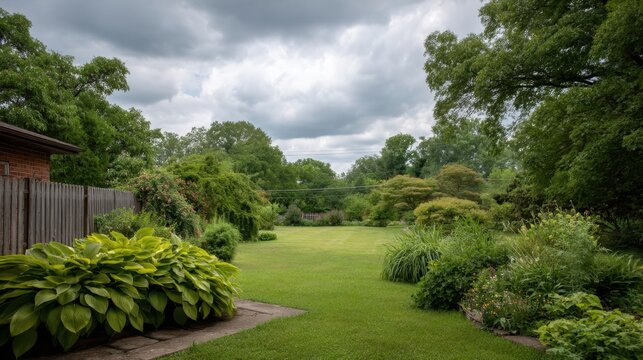 Lush Green Garden with Dense Foliage Under Dramatic Cloudy Sky in Summer Scene for Nature and Landscape Stock Photo