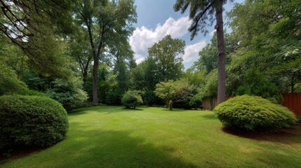 Naklejka premium Lush Green Garden with Vibrant Trees and Open Sky in a Peaceful Natural Setting Surrounded by Verdant Foliage and Scenic Beauty