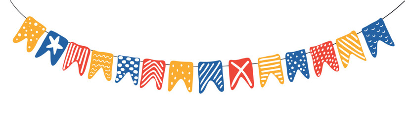 Obraz premium Swallowtail flags, bunting with different patterns hanging on string isolated on white background. Hand drawn flat vector illustration. Kids nautical print, design element, clip art, horizontal border