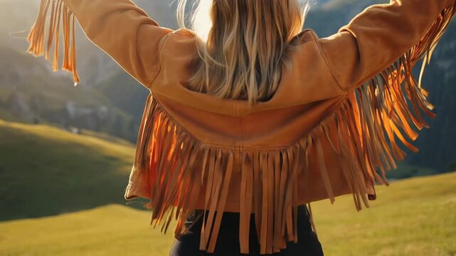 Young blond European woman in suede fringe jacket with raised arms in a mountainous landscape, showcasing western chic fall street style and tactile monochrome fashion.