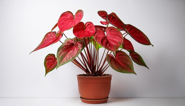 exotic caladium hearts desire houseplant with bright red leaves in pot on white background