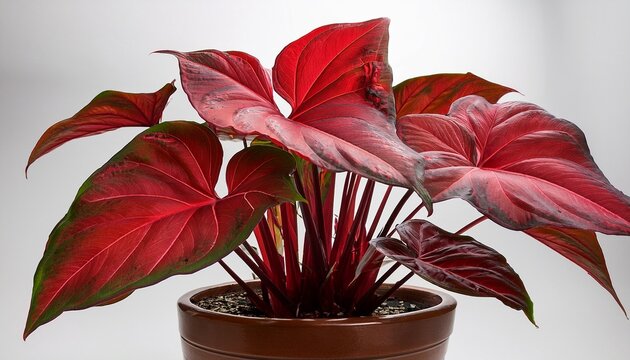 potted exotic caladium red flash houseplant with bright red leaves on white background