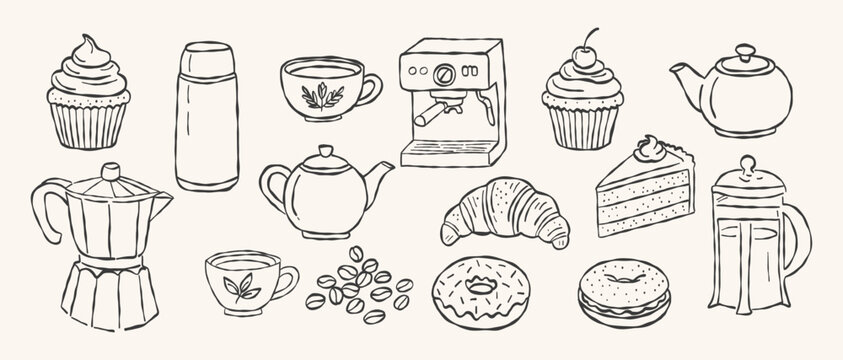 Professional espresso machine and pour over coffee brewing set hand drawn vector line art with roasted bean bag and buttery croissant for barista cafe branding