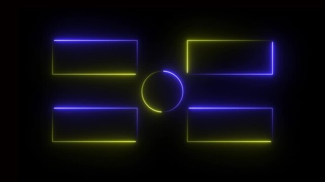 Glowing neon pink and blue color square rectangle picture frame with circle frame icon animation display neon box footage shape round seamless border retro movement eclipse on black background