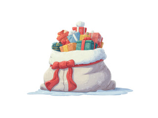 A white bag with red ribbon is filled with many gifts