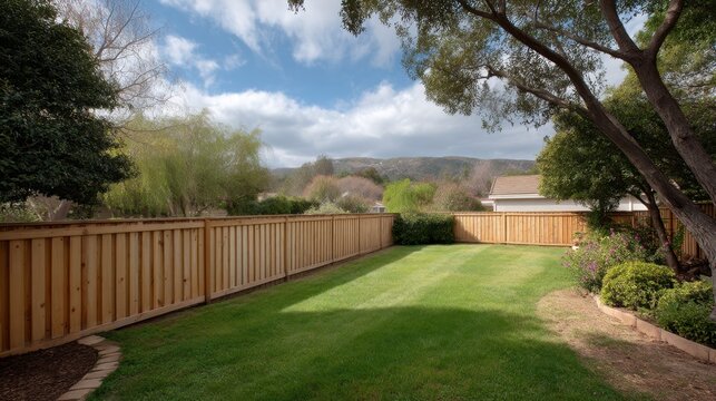 Serene Backyard Landscape with Green Grass, Wooden Fence, and Blue Sky in a Calm Suburban Setting