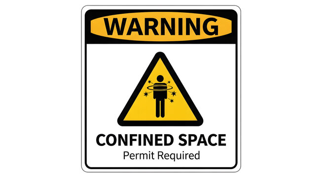 Warning sign indicating confined space with permit required for entry and worker silhouette