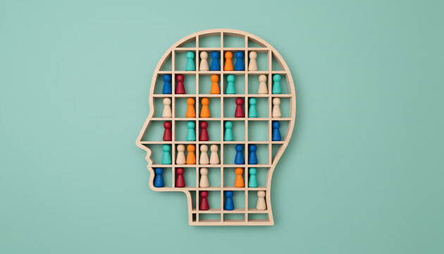 Segmentation inside human head shape symbolizing bias and social stereotypes. Human Behavior, Social Dynamics & Cognitive Bias